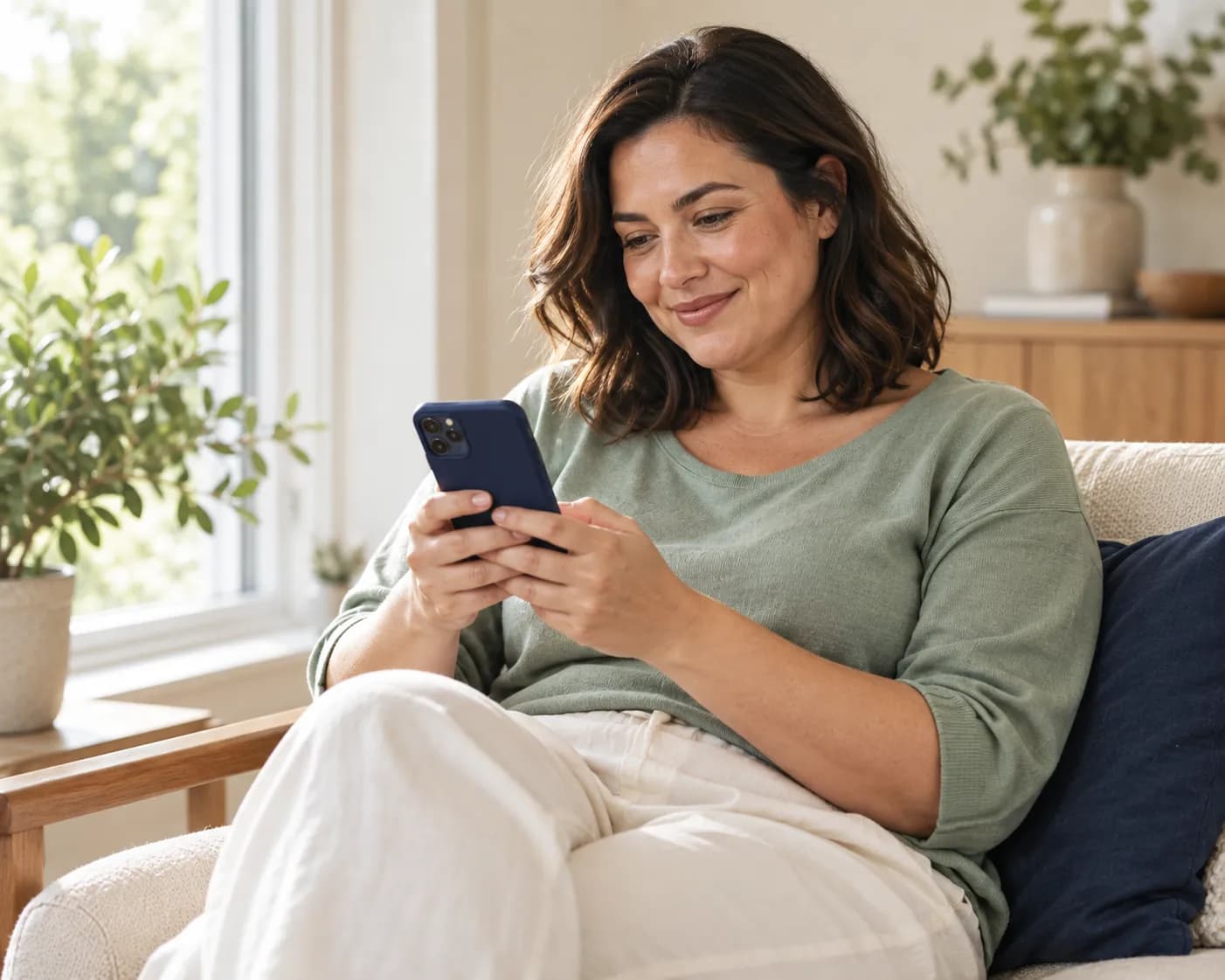 A smiling woman relaxing in an armchair at home, looking at her phone.