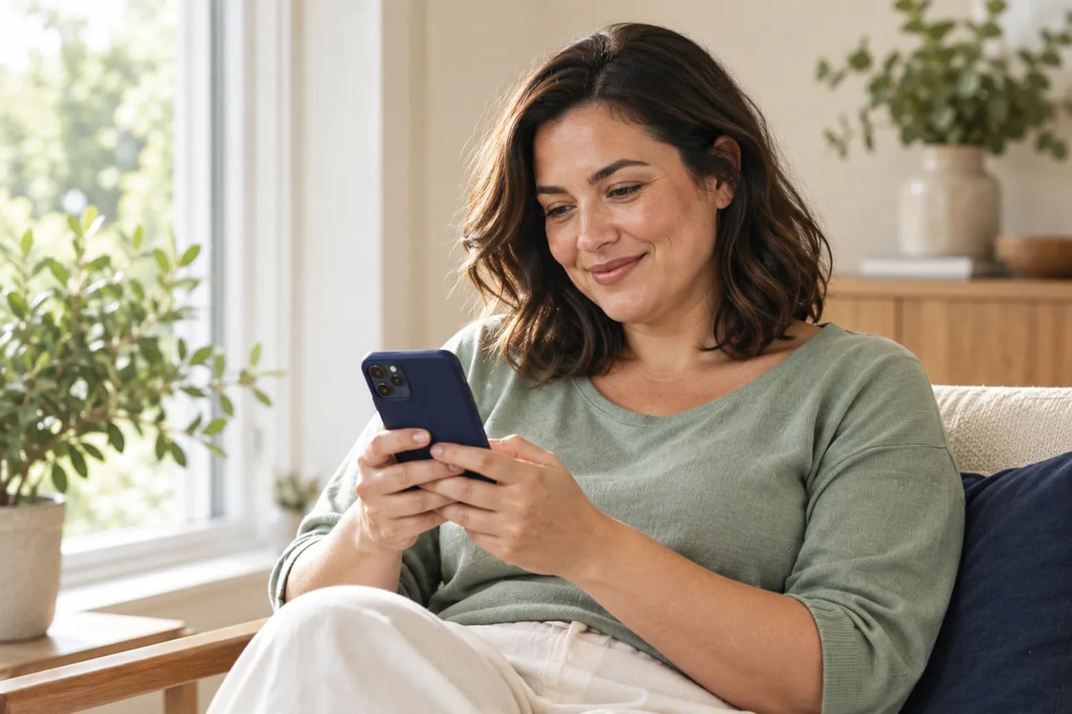 A woman relaxes in an armchair at home, smiling as she fills in a form on her phone.
